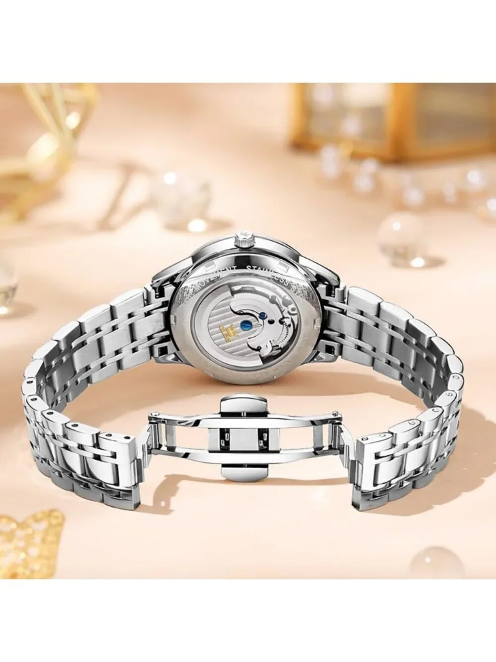 Women’s Silver White Automatic Starry Sky Diamond Bezel Luxury Mechanical Watch